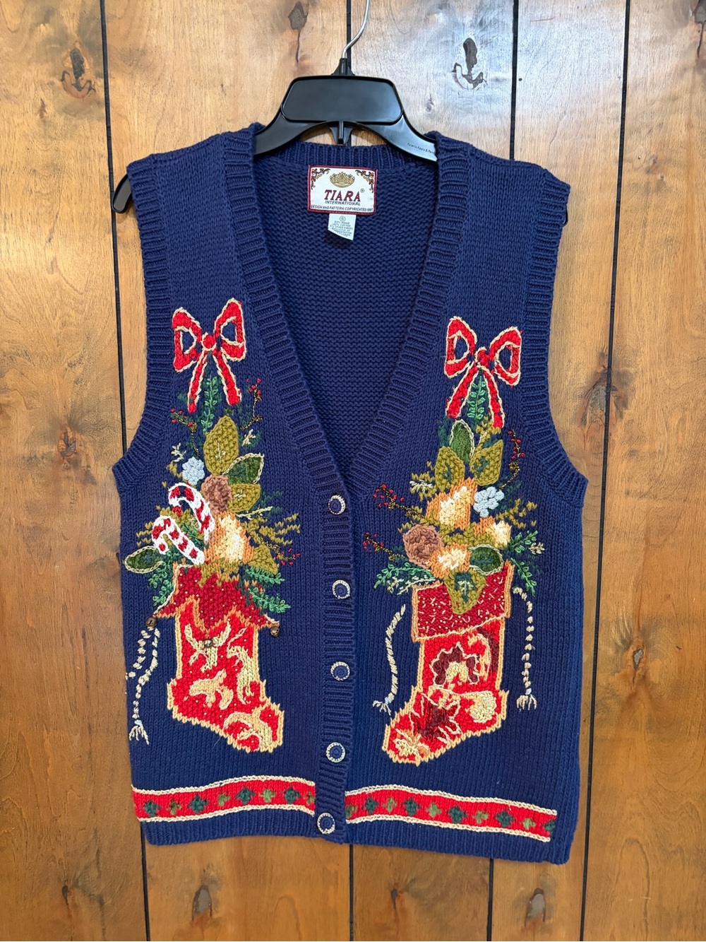 Tiara Navy Knit Holiday Vest with Red & Green Embroidery